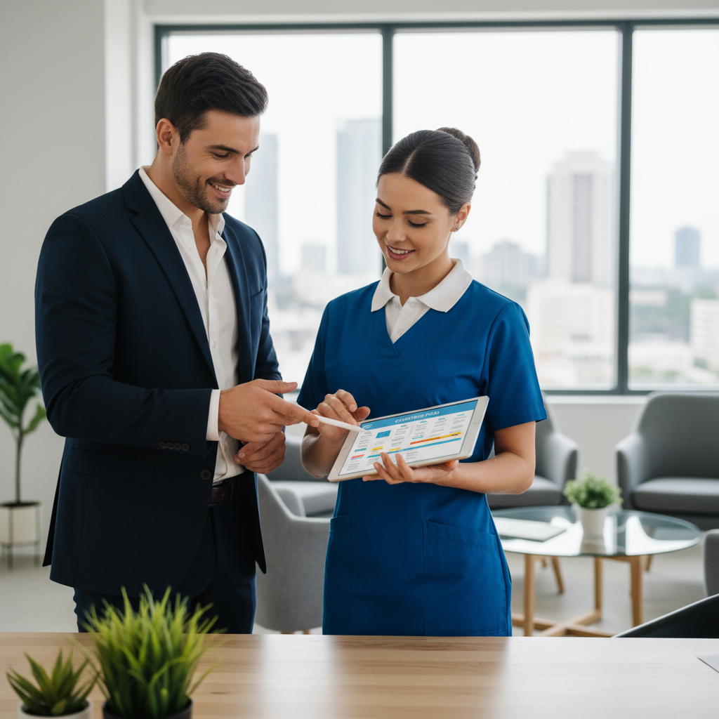 Klientas ir valymo paslaugų atstovas aptaria valymo planą.