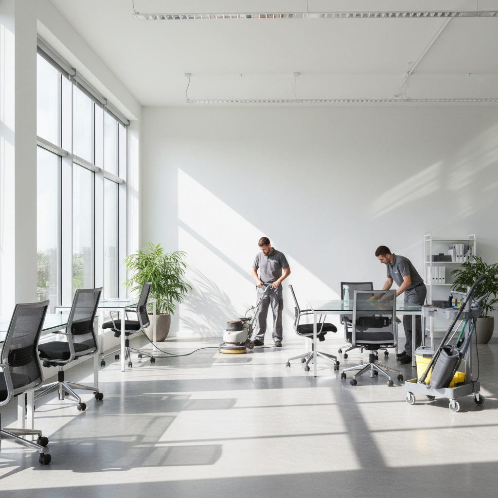 Švarus ir modernus biuro interjeras, vaizduojantis verslo patalpų valymo svarbą