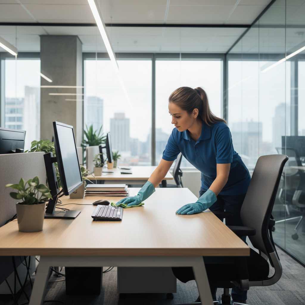 Valymo specialistas valo biuro stalą, parodydamas kokybišką verslo patalpų valymą
