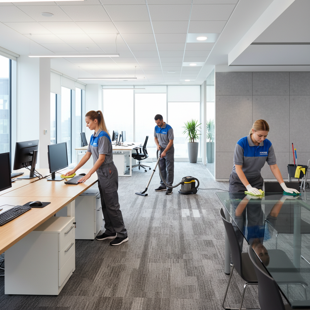 Profesionali valymo komanda atlieka biuro patalpų valymą