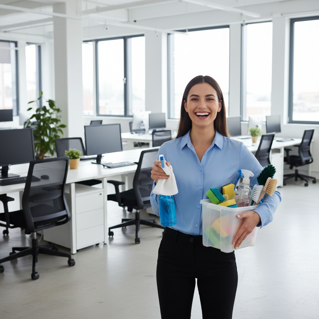 Darbuotojas biure su valymo priemonėmis