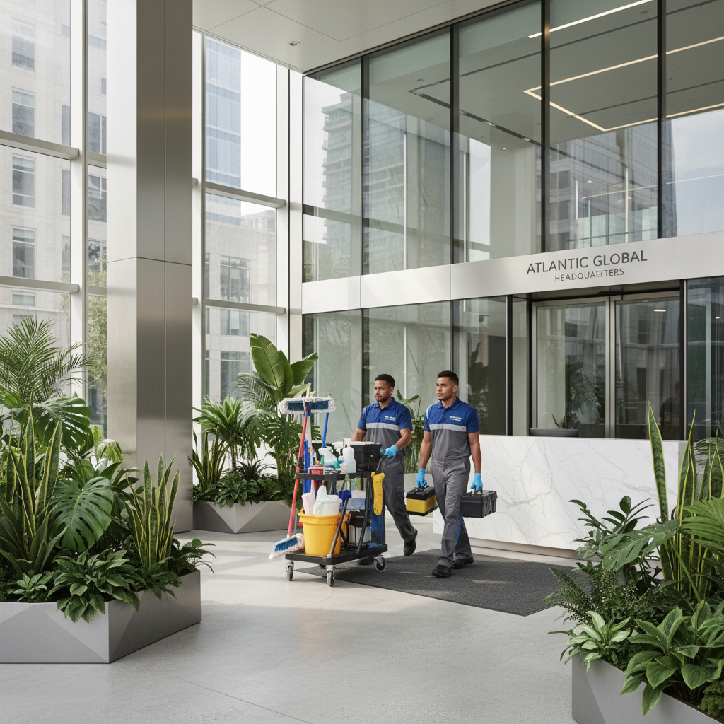 Patikimos biurų valymo įmonės įėjimas į modernų biurą