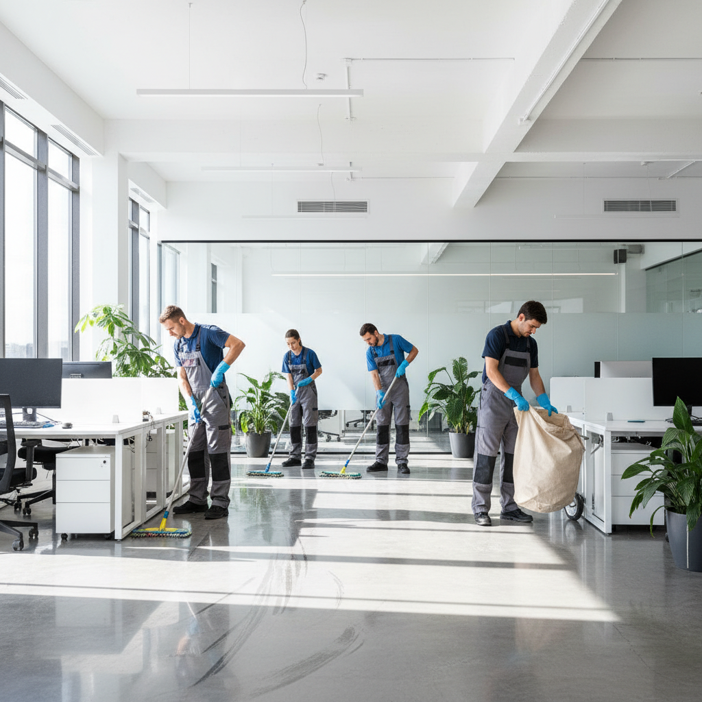 Biurų valymo darbuotojai dirba švarioje, erdvioje biuro patalpoje
