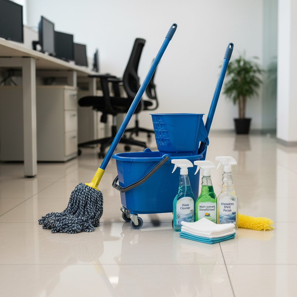 Valymo įrankiai biuro švaros užtikrinimui
