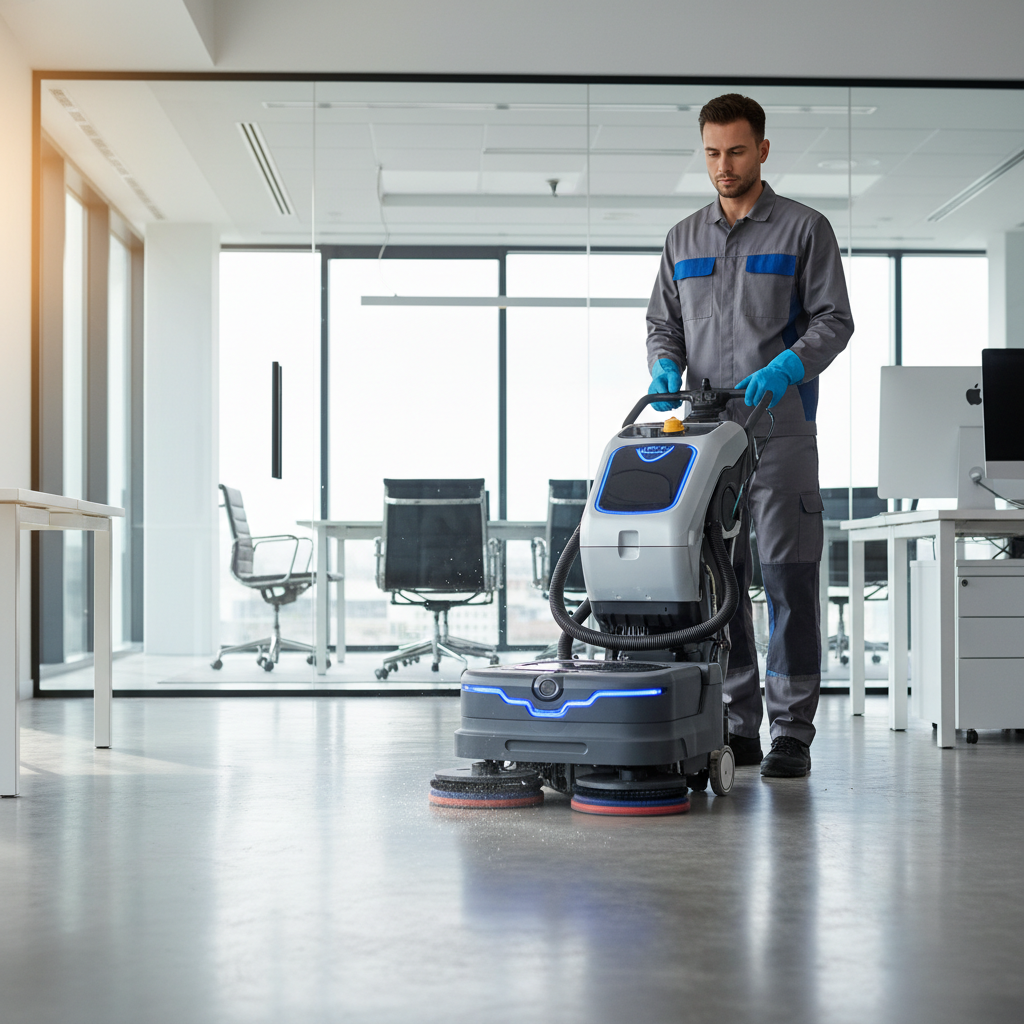 Valymo specialistas naudoja technologiškas priemones komercinėse patalpose