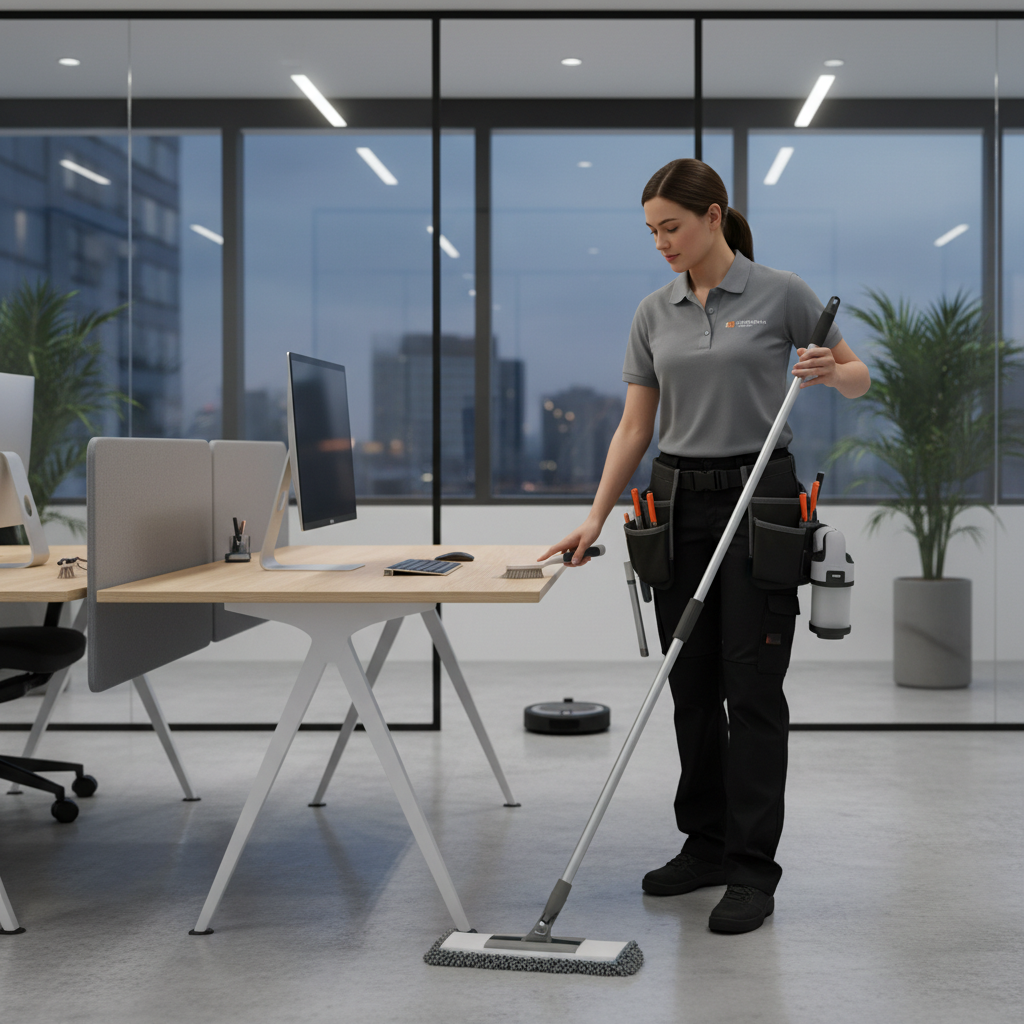 Valytojas tvarkingai valo komercines patalpas su tiksliomis priemonėmis