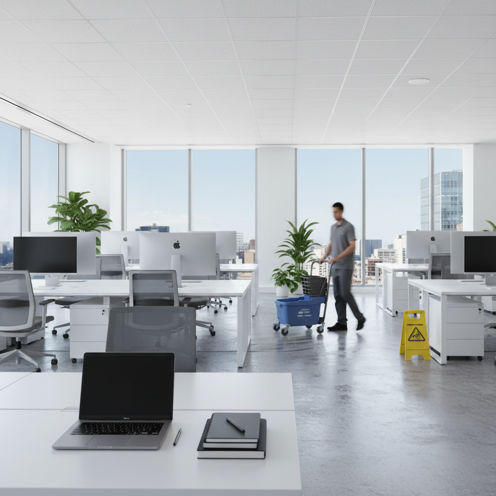 Prabangus ir nepriekaištingai švarus modernus biuro interjeras, simbolizuojantis profesionalų biurų valymą.