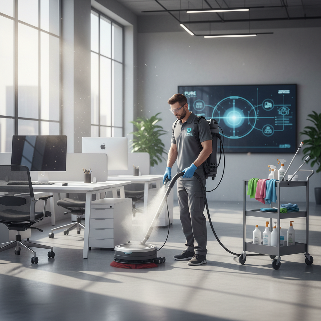 Valymo specialistas dirba biure su modernia įranga