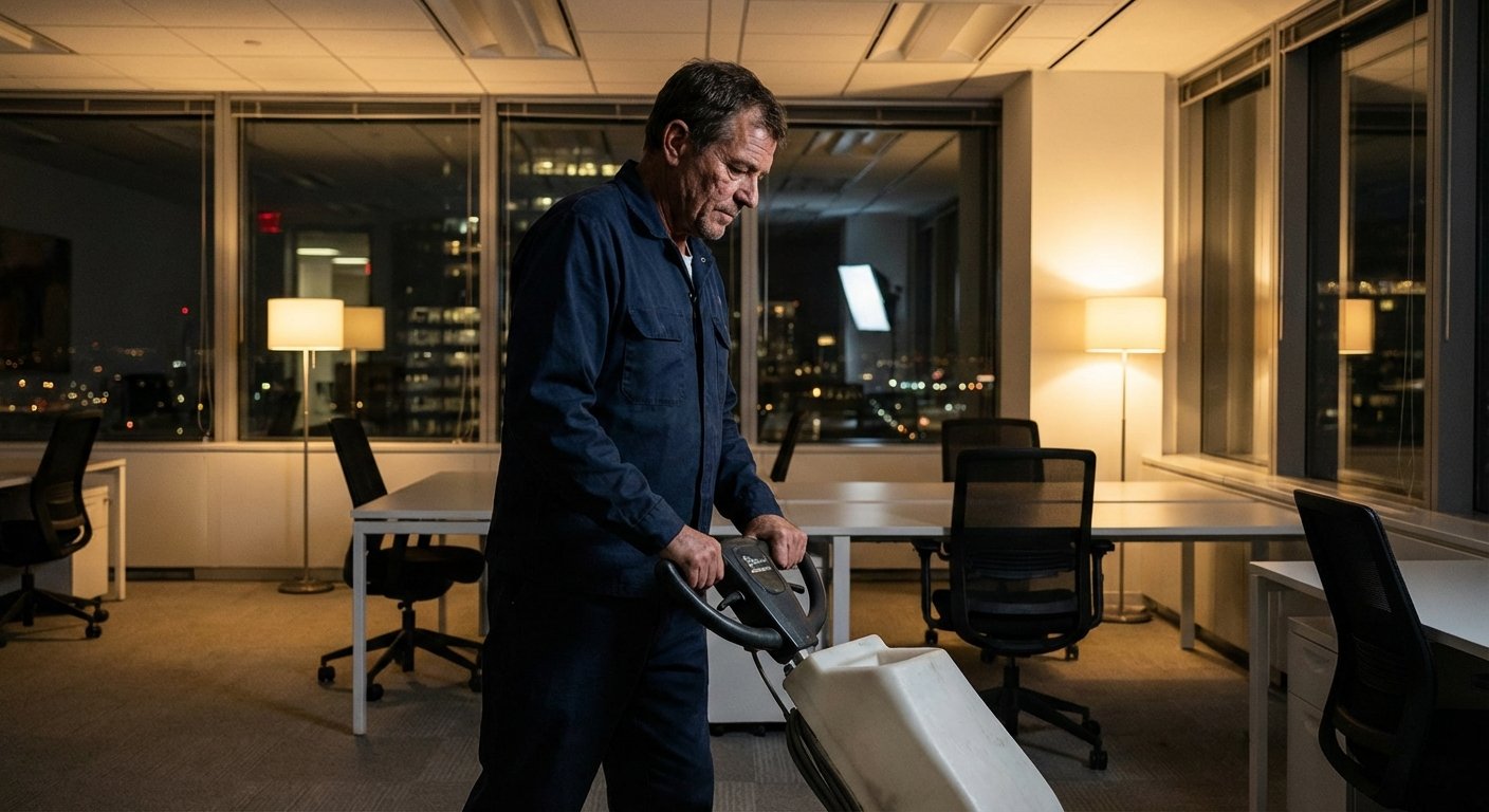 Valytojas tyliai valo tuščią ofisą vakare, švelni šviesa ir šiuolaikiški baldai.