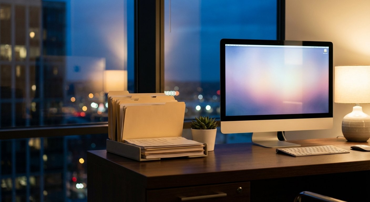 Po valymo tvarkingas darbo stalas, moderni aplinka ir švarūs paviršiai.