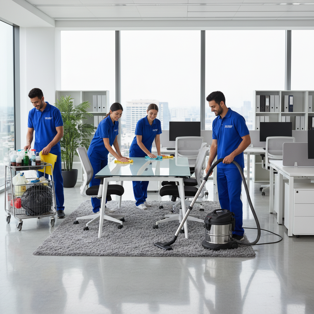Biurų valymo specialistų komanda dirba kartu