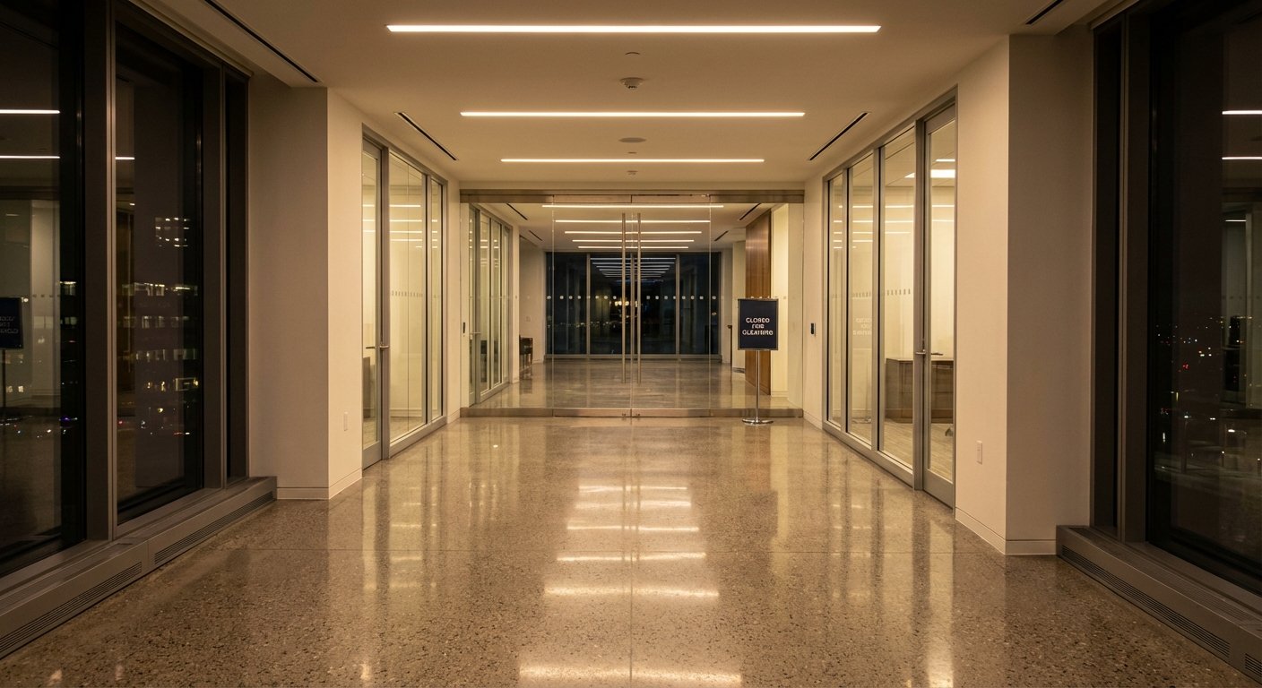 Išblizgintos biuro grindys apšviestos vakarinės šviesos, tvarkinga aplinka.
