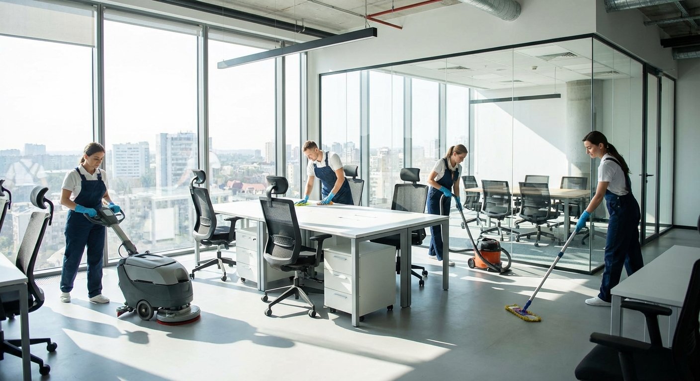 Biuro valymo komanda valo modernų biurą