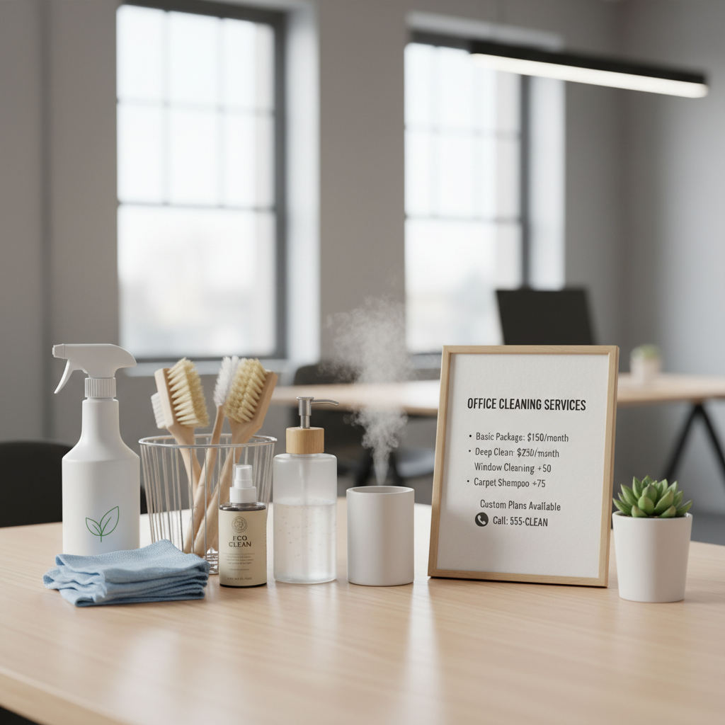 Biuro valymo kainoraštis su valymo priemonėmis ant medinio stalo