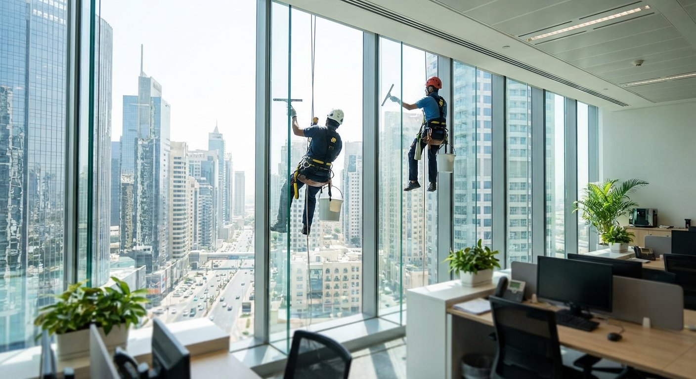 Biuro langų valymas miesto fone