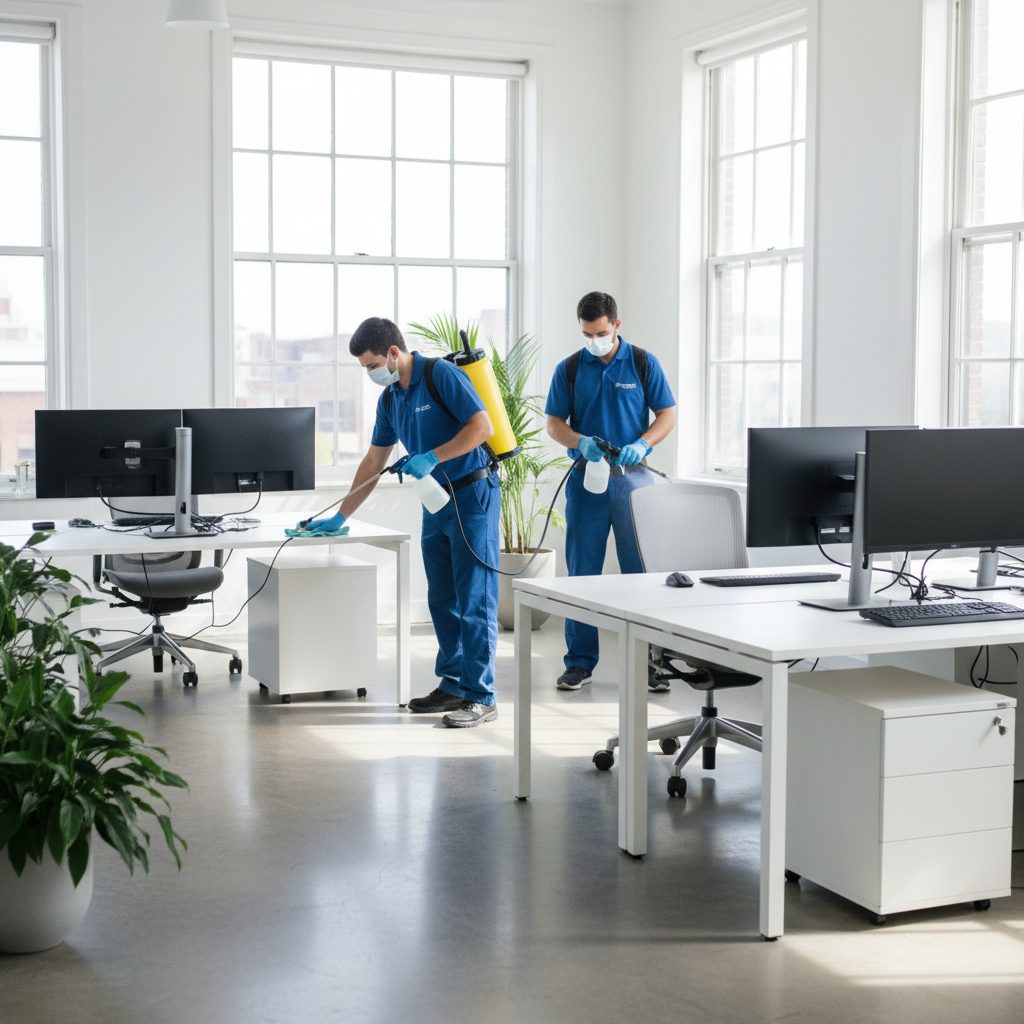 Biuro valymo darbuotojai dezinfekuoja paviršius Vilniaus biure