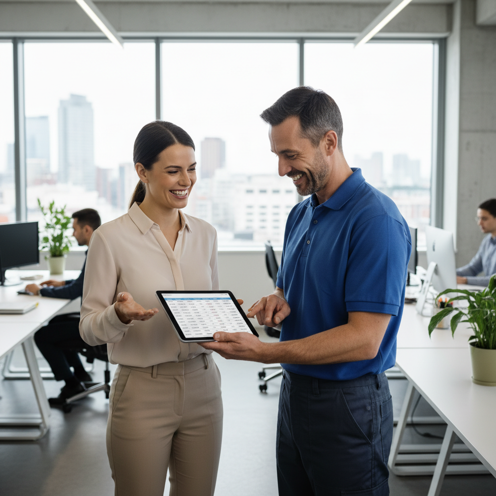 Laimingas biuro darbuotojas aptaria valymo kainas su valytoju Vilniuje
