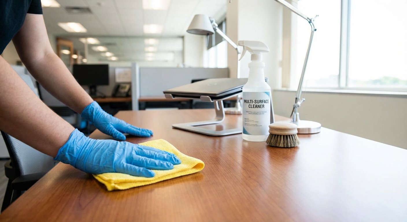 Profesionaliai valomas biuro stalas su šiuolaikinėmis priemonėmis