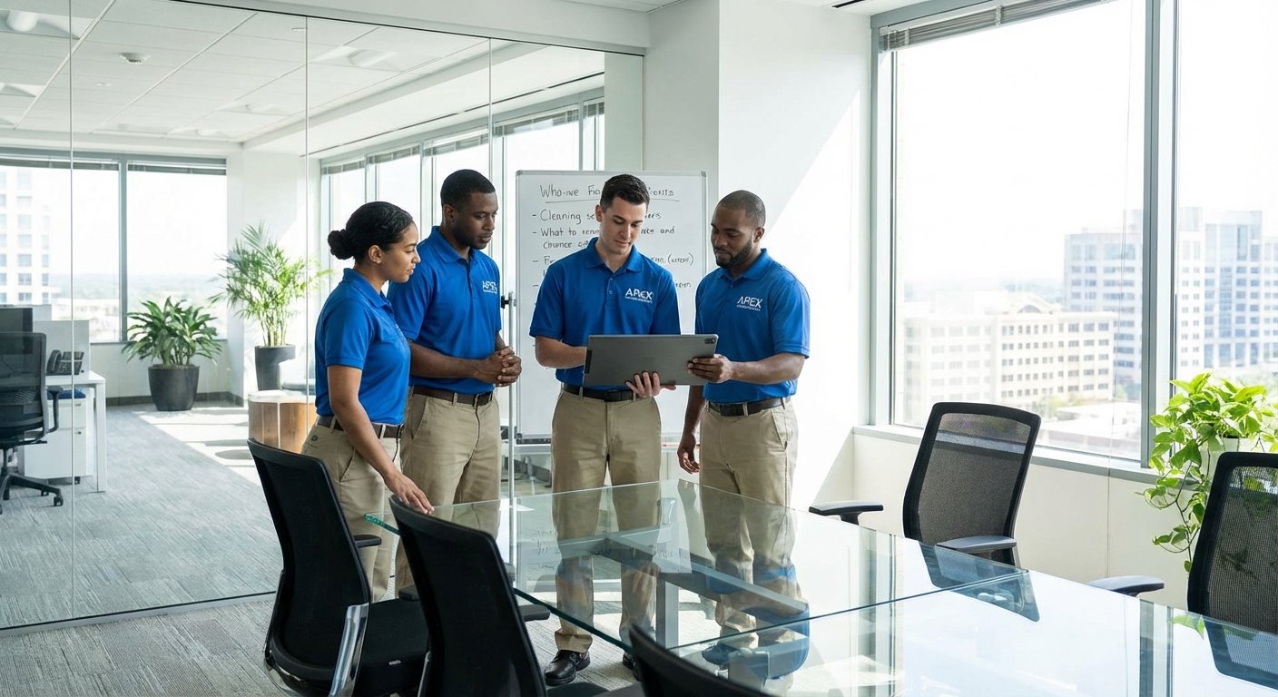 Biurų valymo įmonės darbuotojai planuoja darbo eigą biure