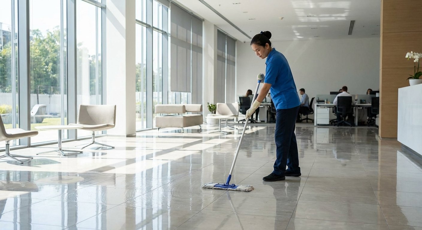 Valytoja profesionaliai valo blizgias biuro grindis