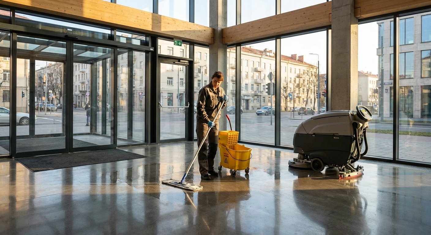Komercinių patalpų grindų valymas Vilniuje – blizgūs ir švarūs paviršiai
