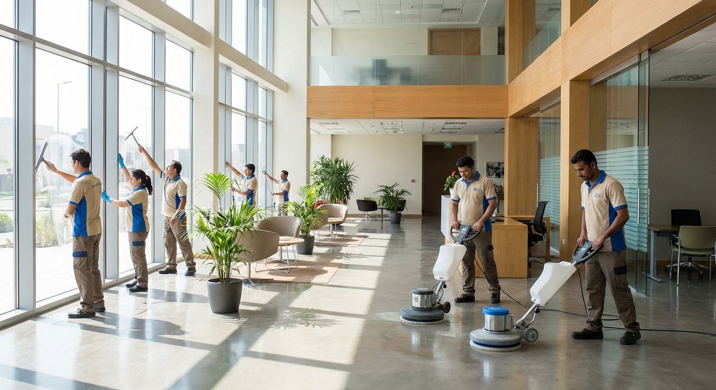 Verslo patalpų valymo paslaugų komanda valo modernų biurą