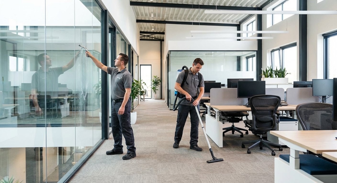 Du profesionalūs valytojai valo biuro grindis ir langus