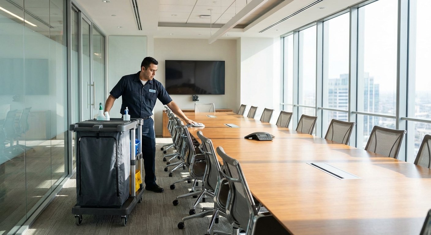 Valytojas tvarko šiuolaikišką susitikimų salę