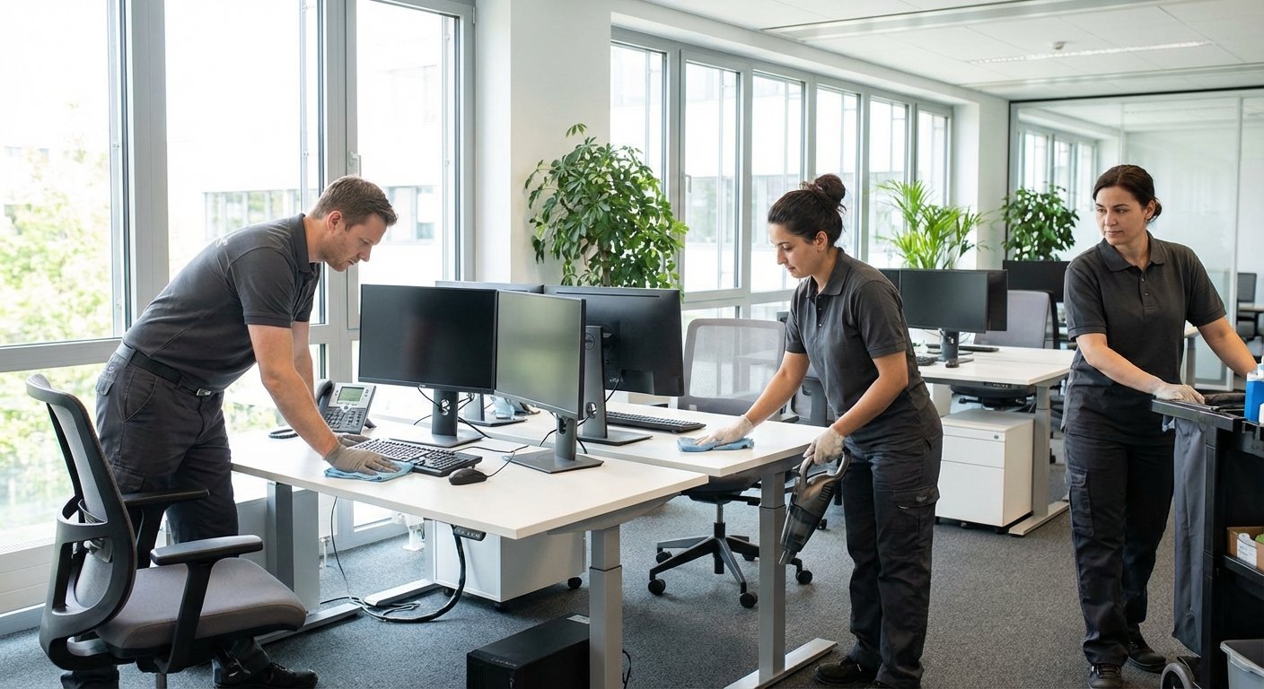 Profesionalūs biurų valytojai valo darbo vietas biure