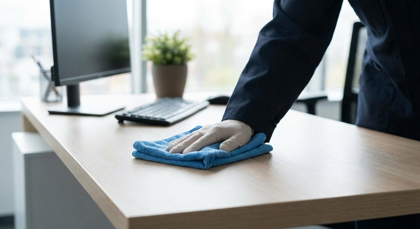 Valytojas kruopščiai valo biuro paviršius mikropluošto šluoste