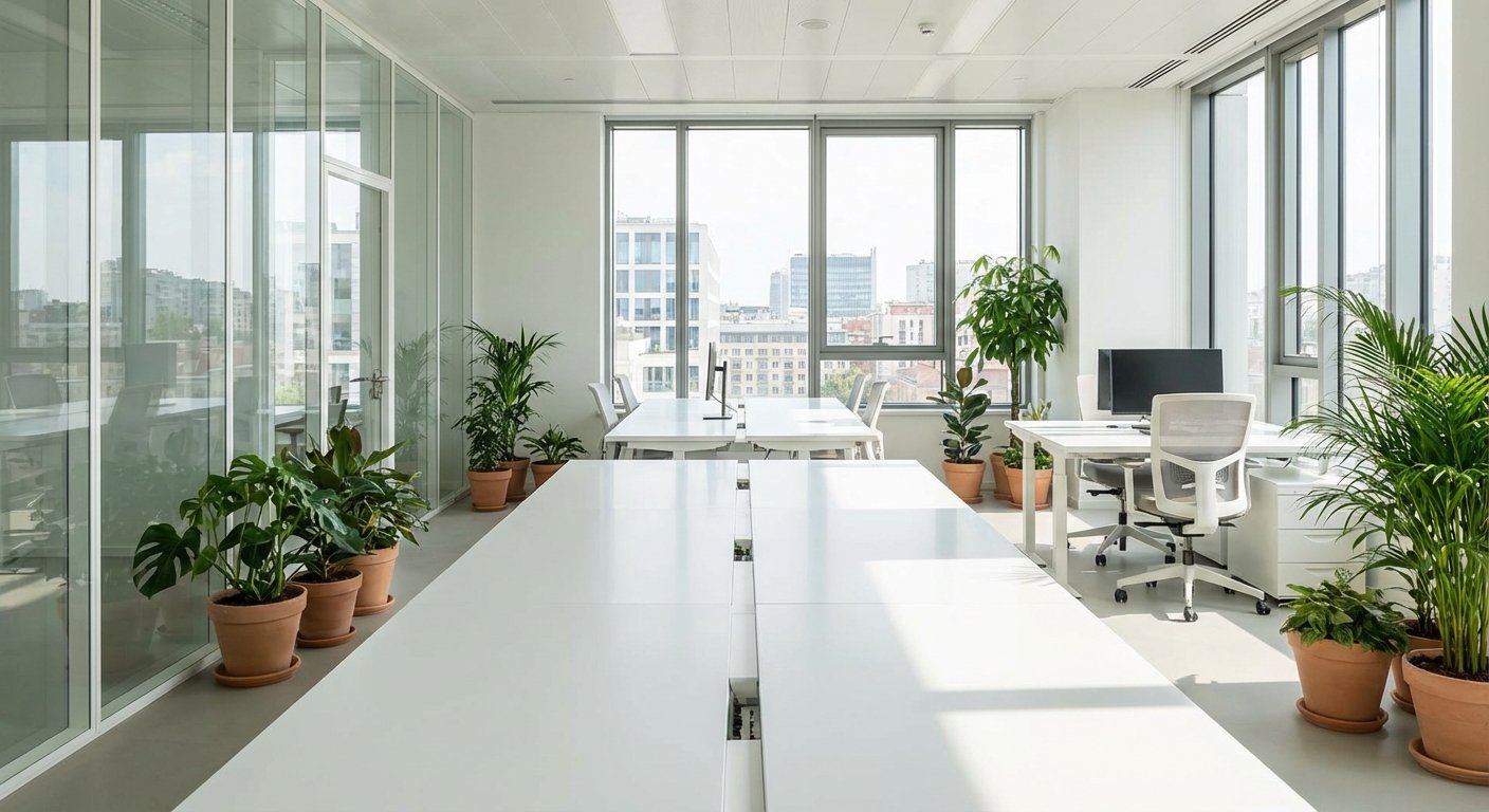 Modernus biuras su švaros akcentu ir tvarkingomis darbo vietomis