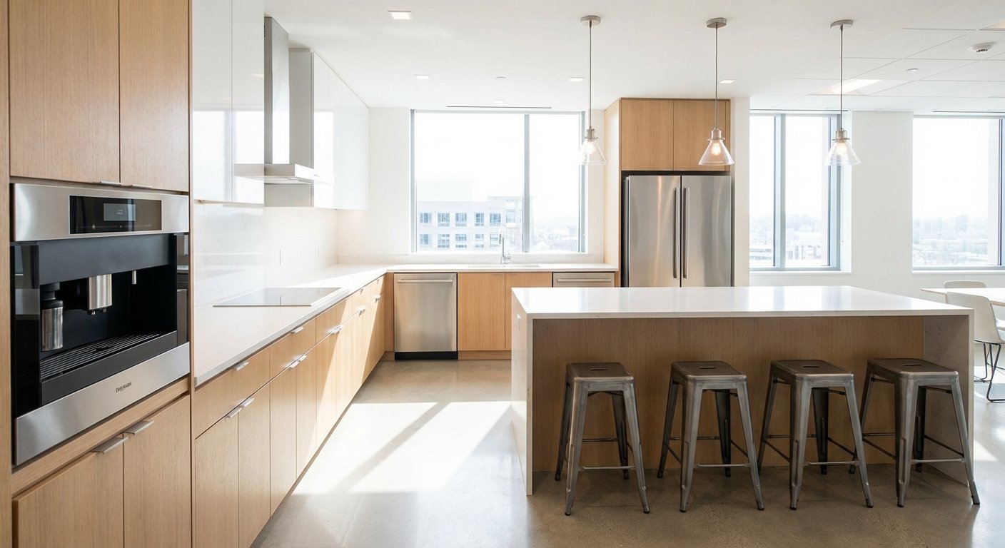 Tvarkinga biuro virtuvė be netvarkos ir dėmių