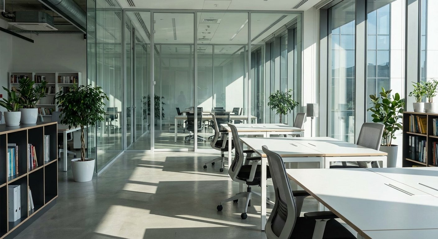 Biuro langai ir grindys blizga nuo švaros