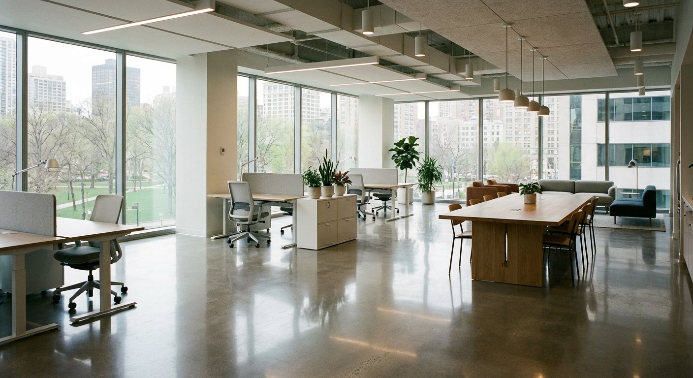 Švarios ir blizgančios biuro grindys po profesionalaus valymo