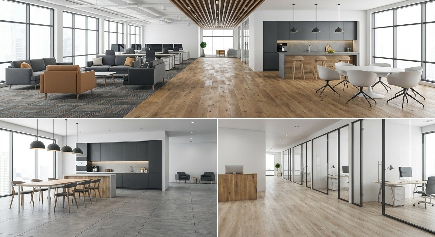 Skirtingų tipų švarios biuro grindų dangos