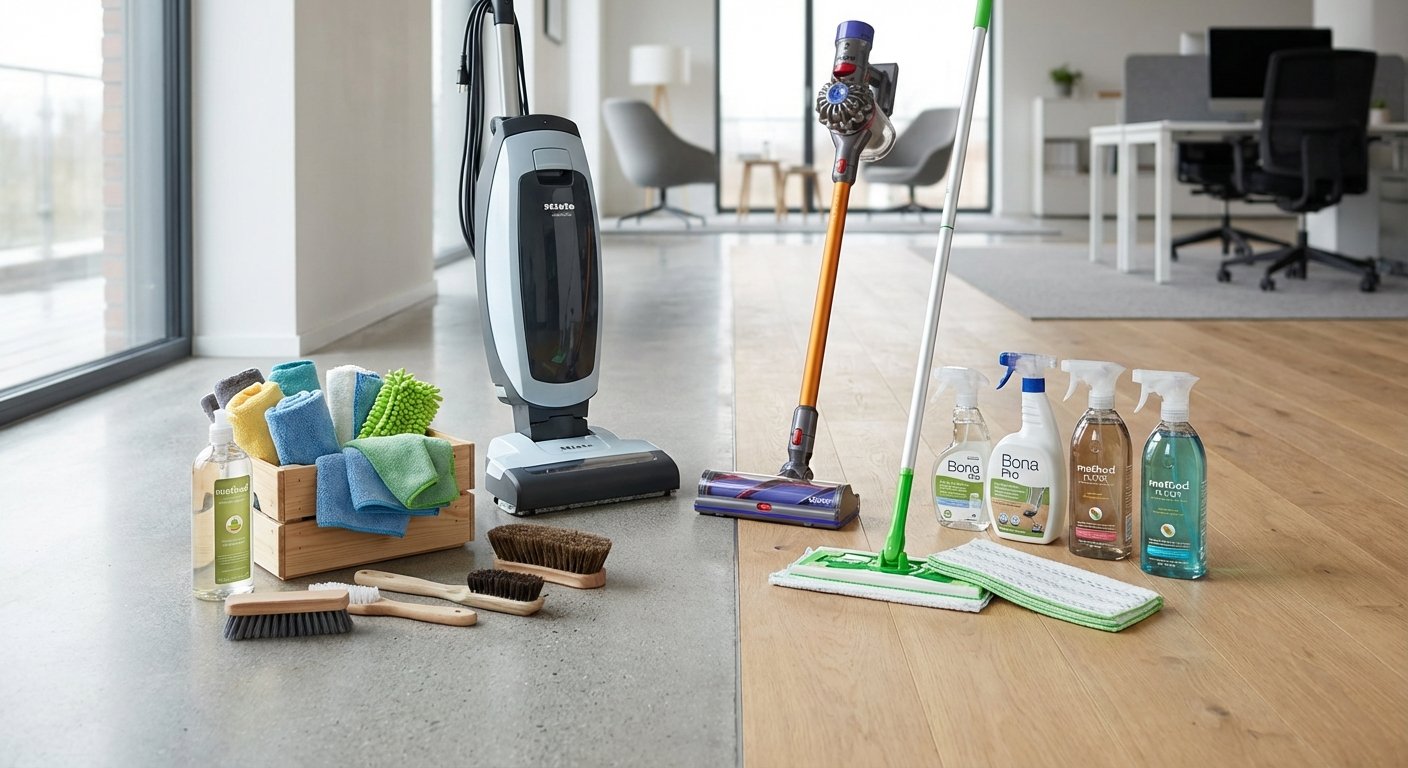 Modernios grindų valymo priemonės biuro aplinkoje