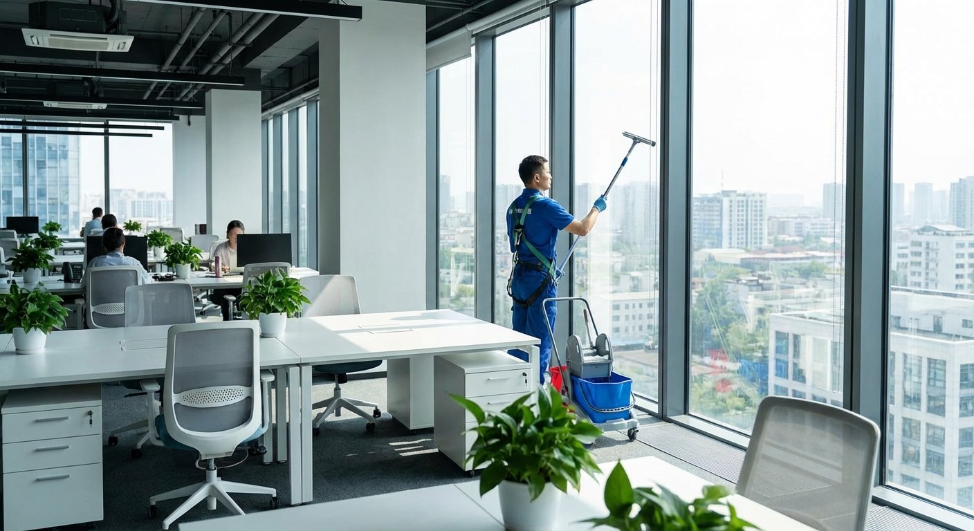 Langų valymas biuro viduje, naudojant modernią įrangą