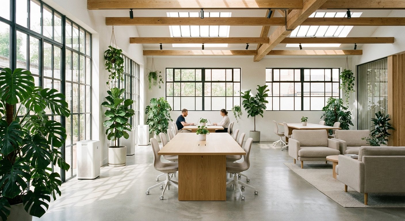Biuras su daug žalumos ir natūraliu apšvietimu