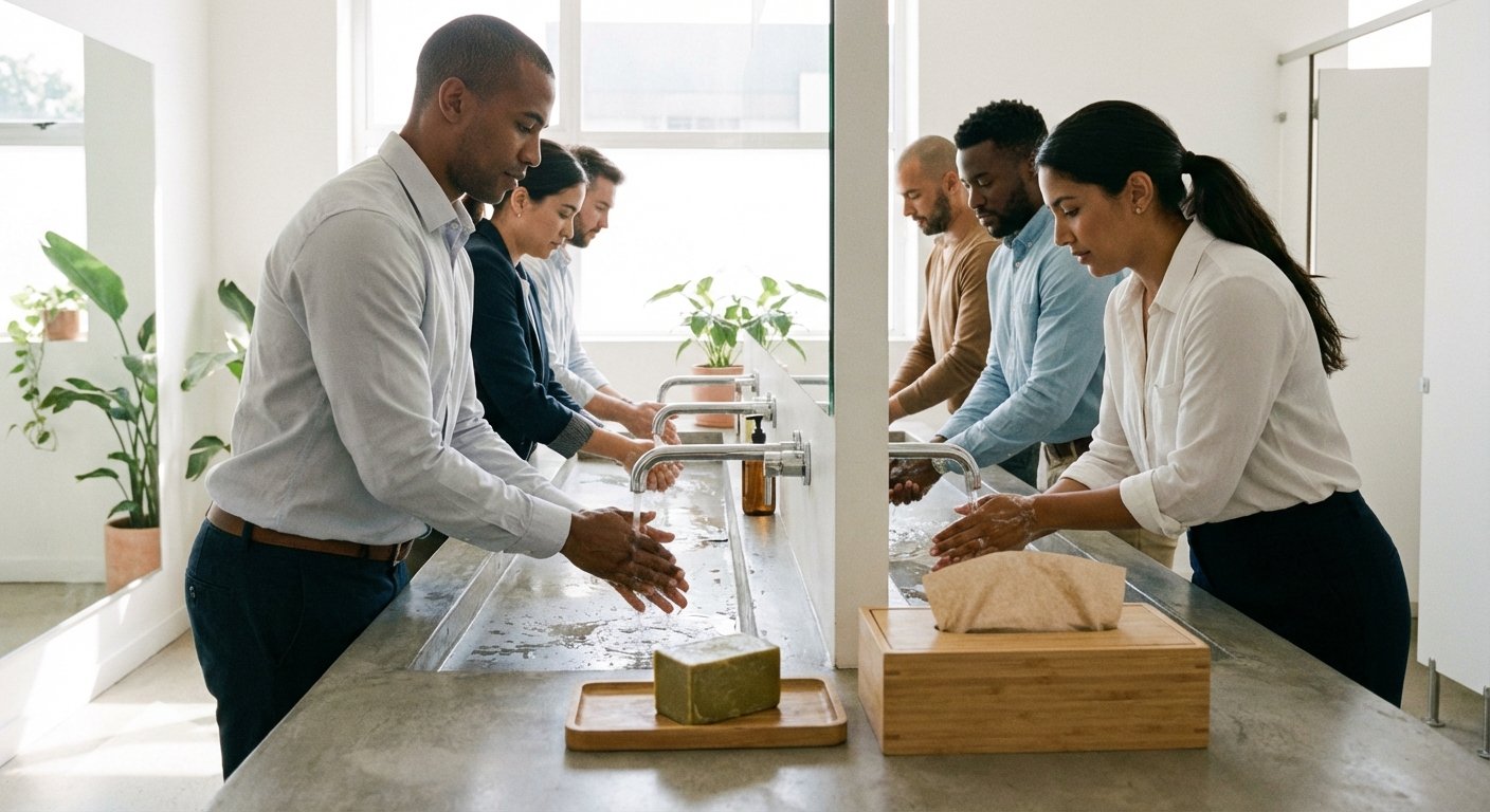 Darbuotojai plauna rankas ekologiškomis priemonėmis biure