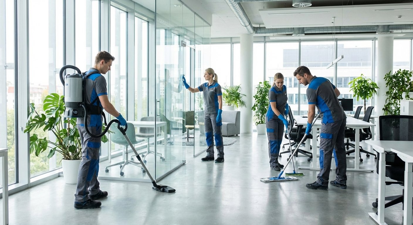 Šiuolaikinio biuro valymo komanda veikia modernioje aplinkoje