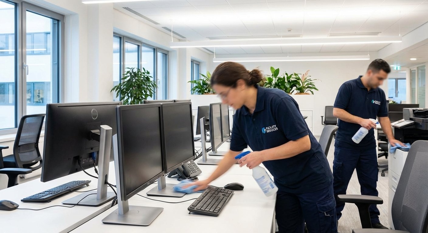 Valymo specialistai kruopščiai valo biuro stalus ir įrangą