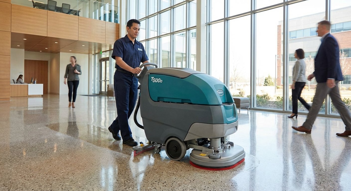 Valytoja su specialia įranga plauna biuro grindis