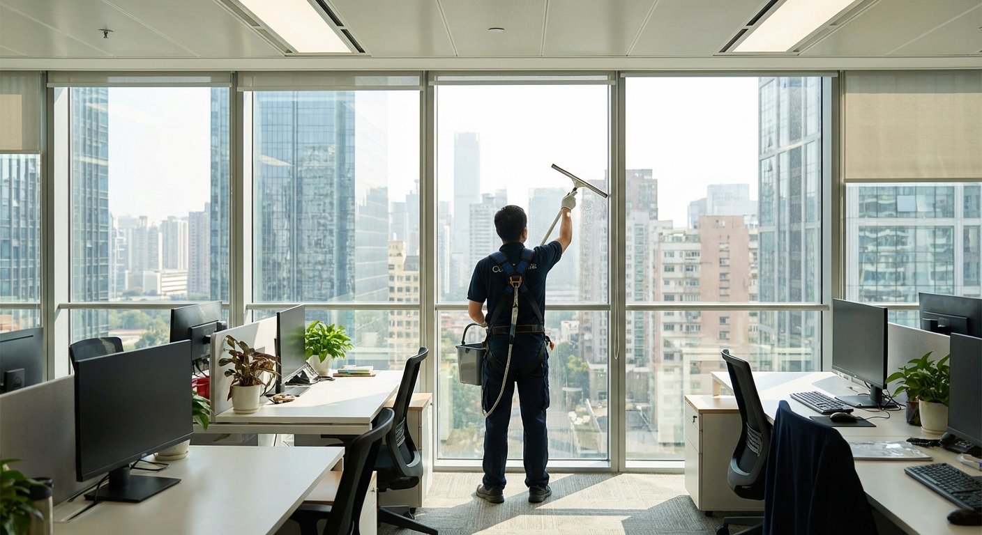 Valytojas valo didelius biuro langus, viduje daug natūralios šviesos