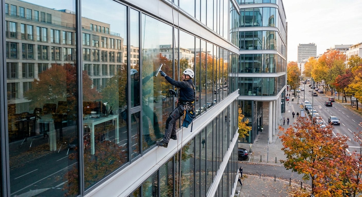 Biuro langų valymas rudenį su matomais lapais lauke