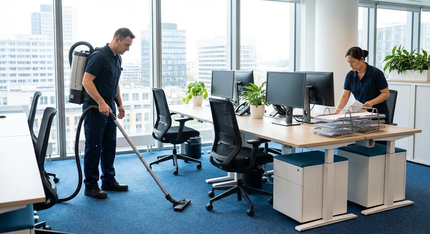 Valytojas valo biuro kilimą ir tvarko darbo vietas.
