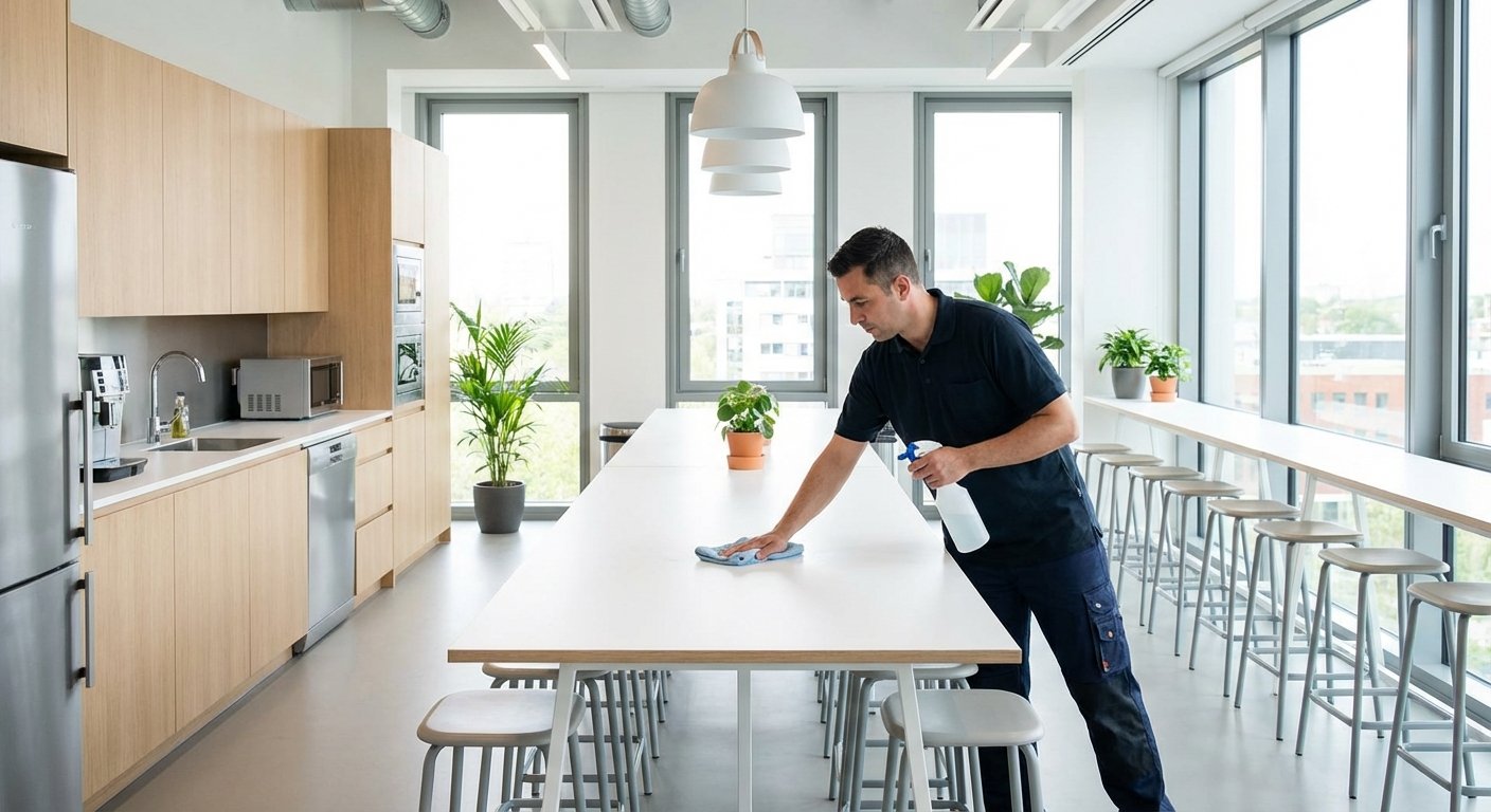 Valytoja valo modernios biuro virtuvėlės stalą.