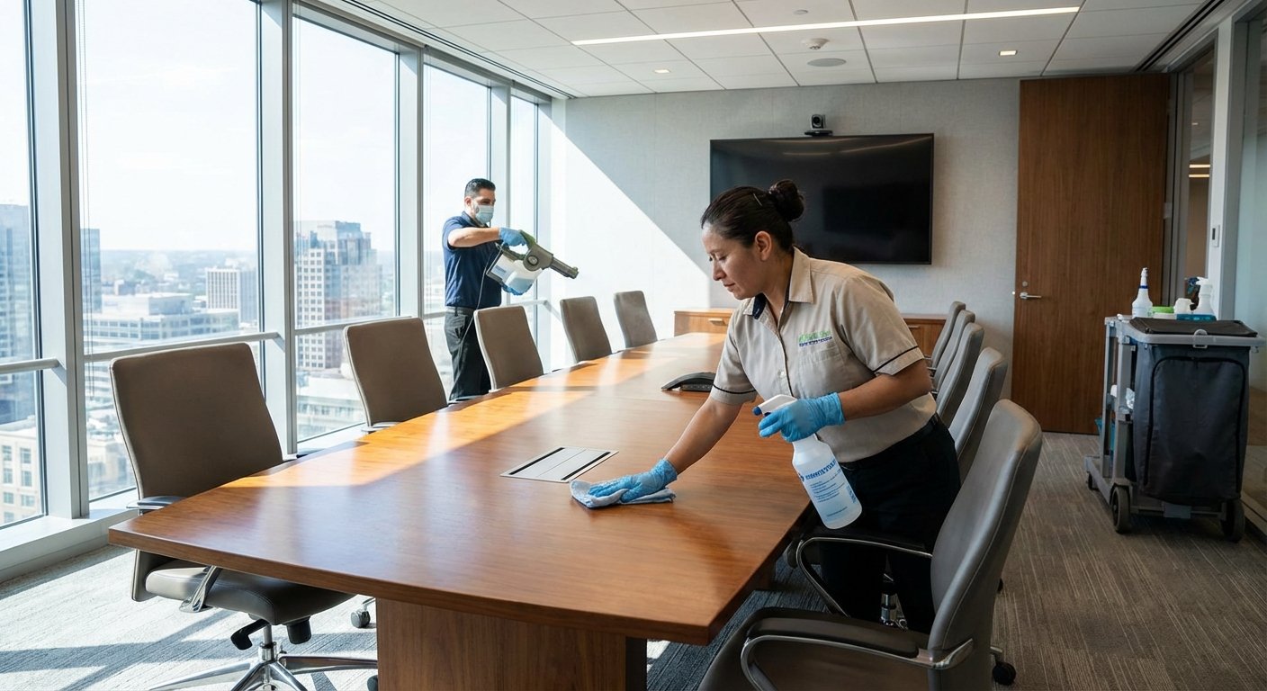 Valytoja dezinfekuoja susitikimų salės stalą moderniame biure.