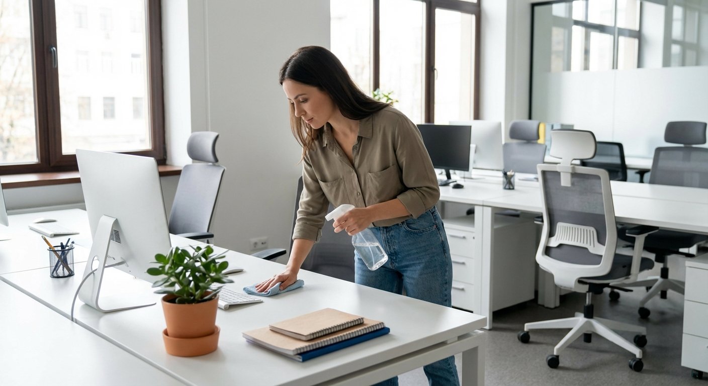 Darbuotojas valo savo darbo vietą biure