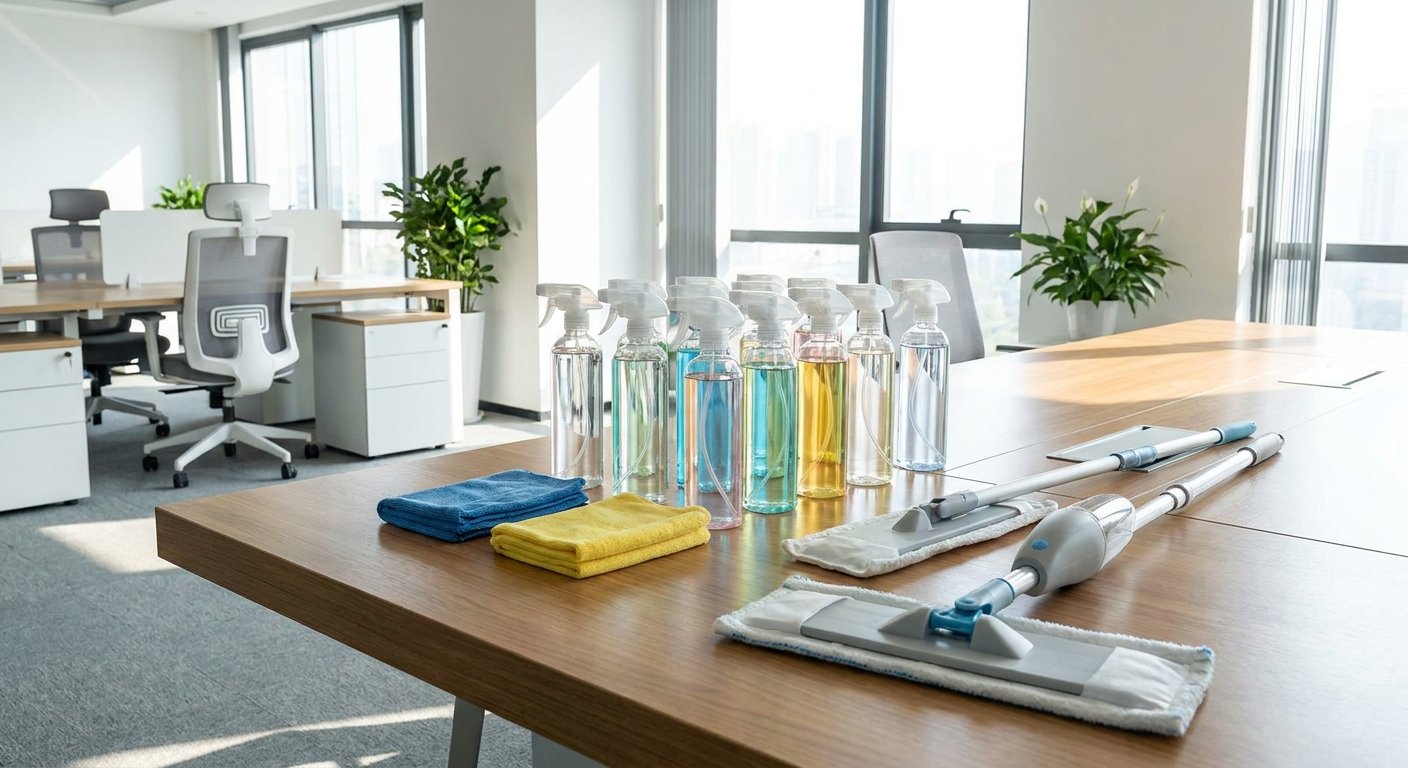 Biuro valymo priemonės ant stalo šiuolaikiškame biure