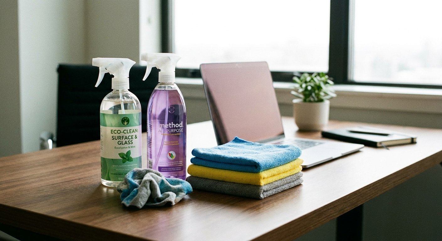 Valymo purškikliai ir šluostės ant šiuolaikiško biuro stalo